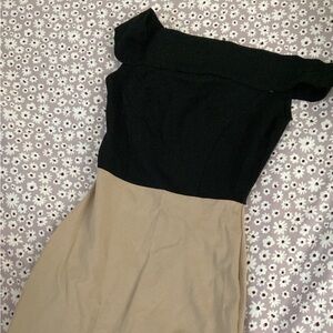 Fashion Nova Black and Tan Off-Shoulder Sheath Dress
